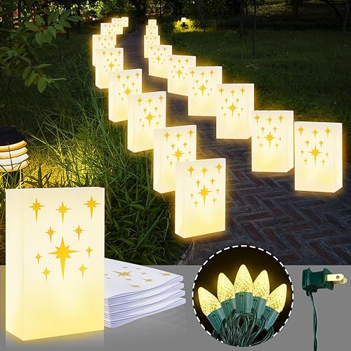 OPTB 10Pcs Electric Luminary Bags Reusable Christmas Led Luminary Bags Outdoor, Plug in and Weatherproof Pathway Lighting, White Stars Luminary Bags for Christmas Birthday Wedding Party
