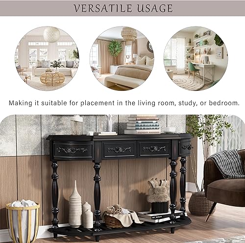 Miniatura 73 de Polibi Mesa consola curvada retro con estante de estilo abierto y 4 cajones superiores, mesa de entrada de media luna de 52 pulgadas de ancho con