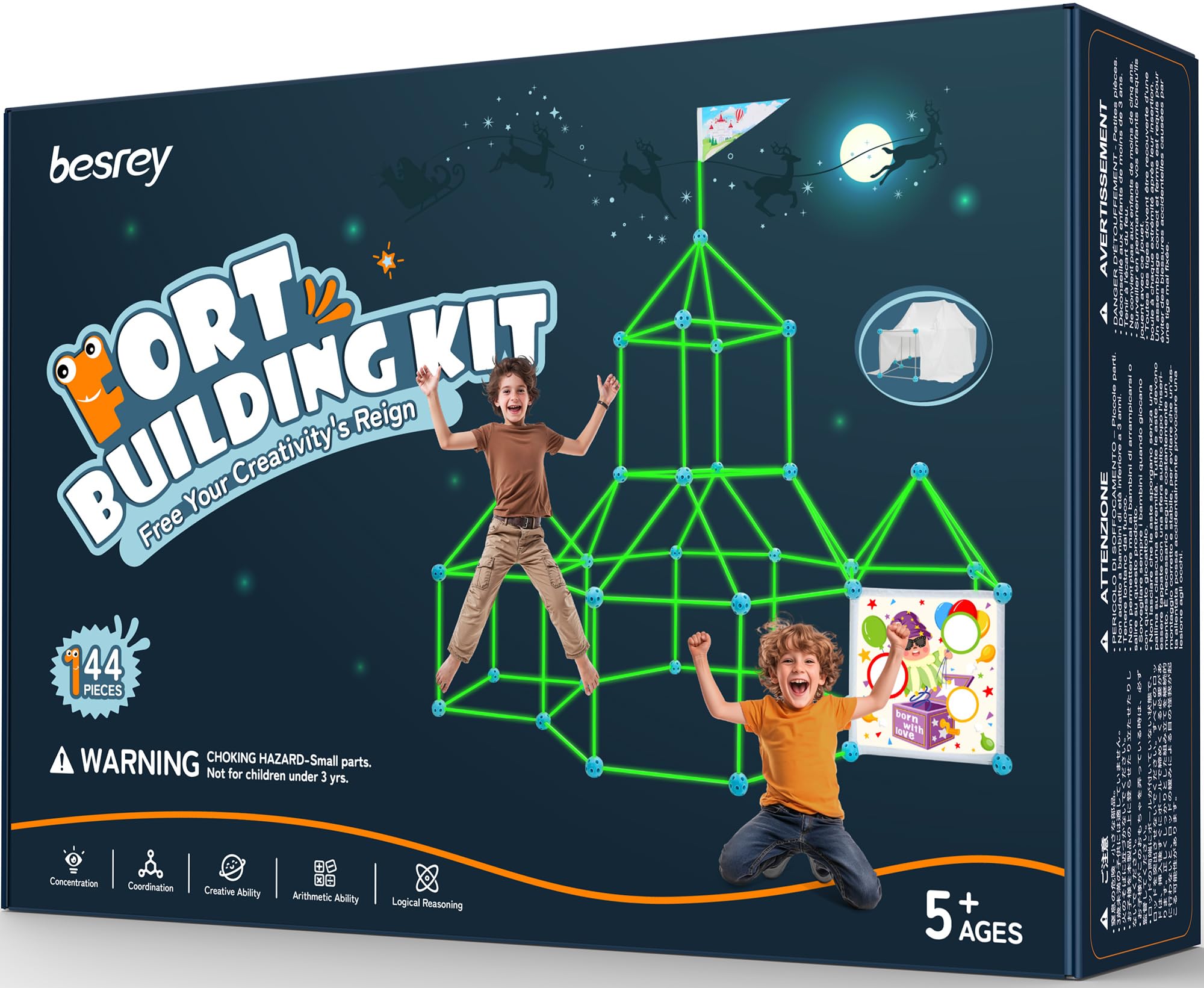 besrey Kids Fort Building Kit Den Building Kit 144 Pcs with Toss Game - Creative Fort Glow in Dark, Outdoor Play Playground Equipment, DIY Construction STEM Toys for Kids Game