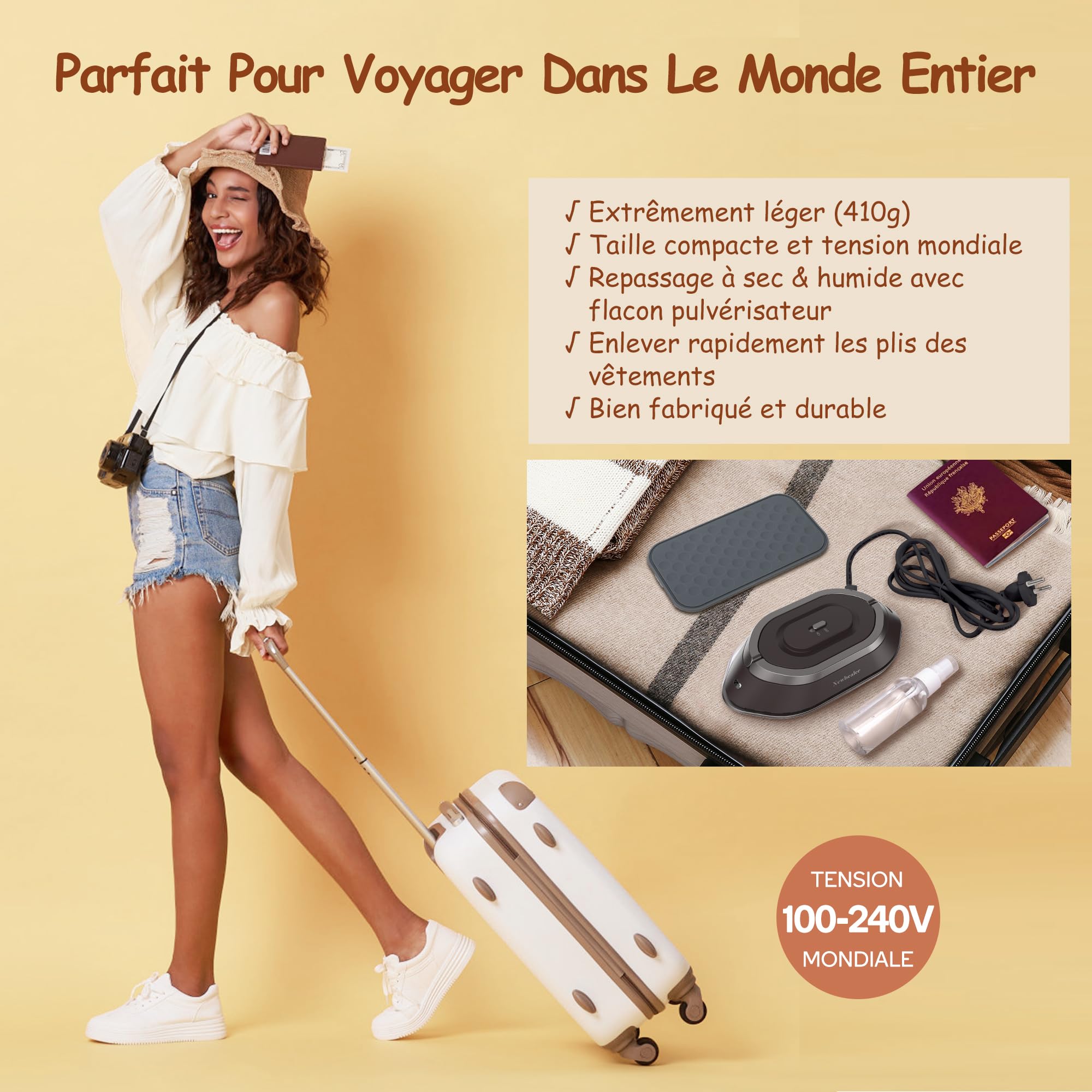 Newbealer Mini Fer à Repasser de Voyage Portable Léger Compact pour Vacances Couture avec Sac de Rangement, Tension Universelle pour Utilisation Globale, Chauffe Vite sans Vapeur, Marron
