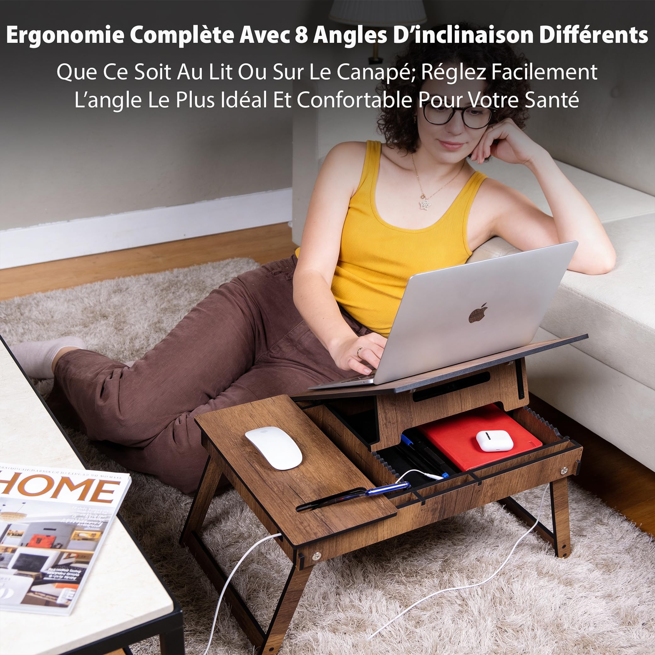 Vigo Wood Support pour Ordinateur Portable avec Inclinaison Réglable, Pieds Pliables et Espace de Rangement, Table de Lecture et Bureau de Travail (Noyer)