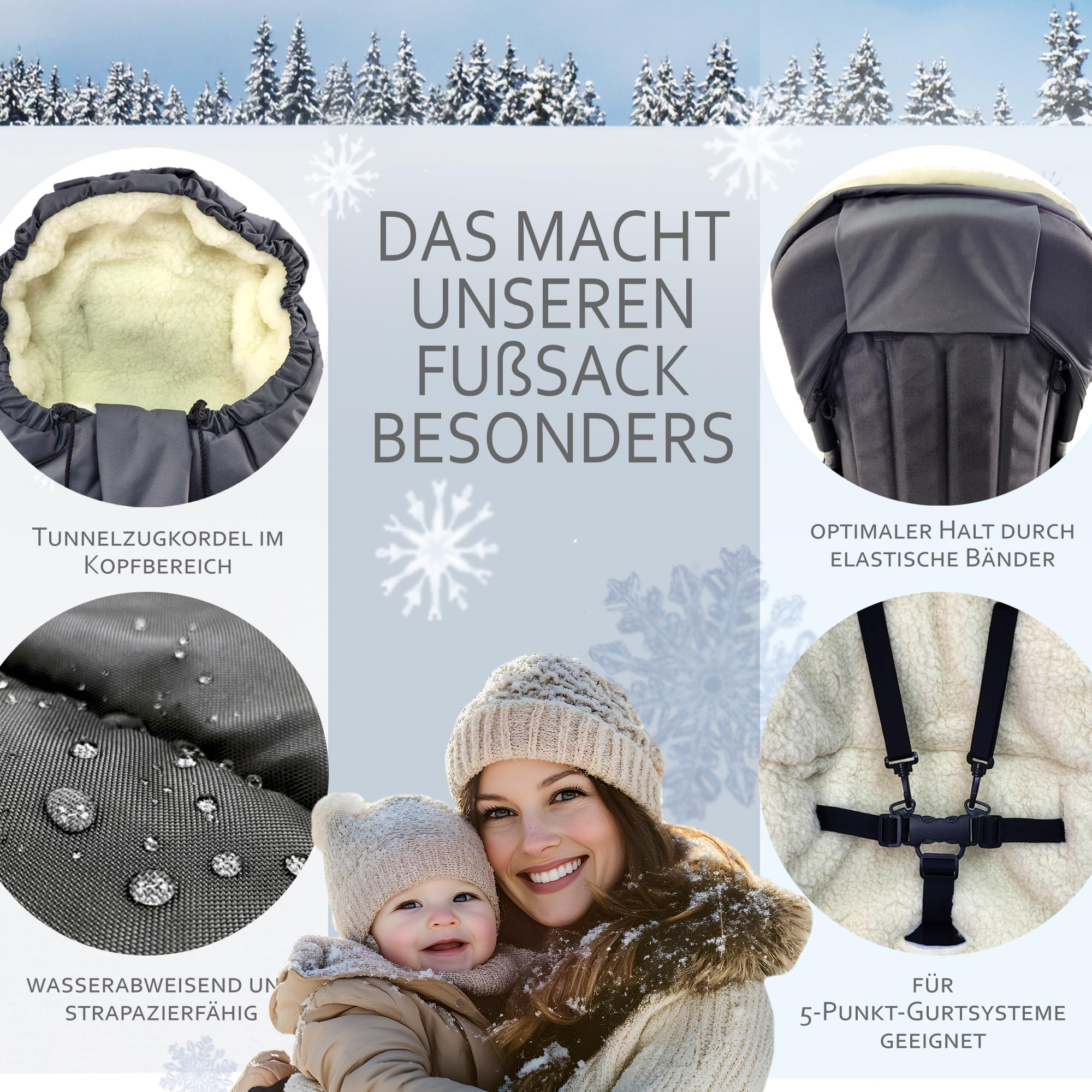 BambiniWelt by Rafael K. Winterfußsack – universaler Fußsack für Kinderwagen, Buggy & Schlitten in Mumienform – Lammwolle, größenverstellbar (90–110 cm), warm, waschbar & windabweisend (schwarz)