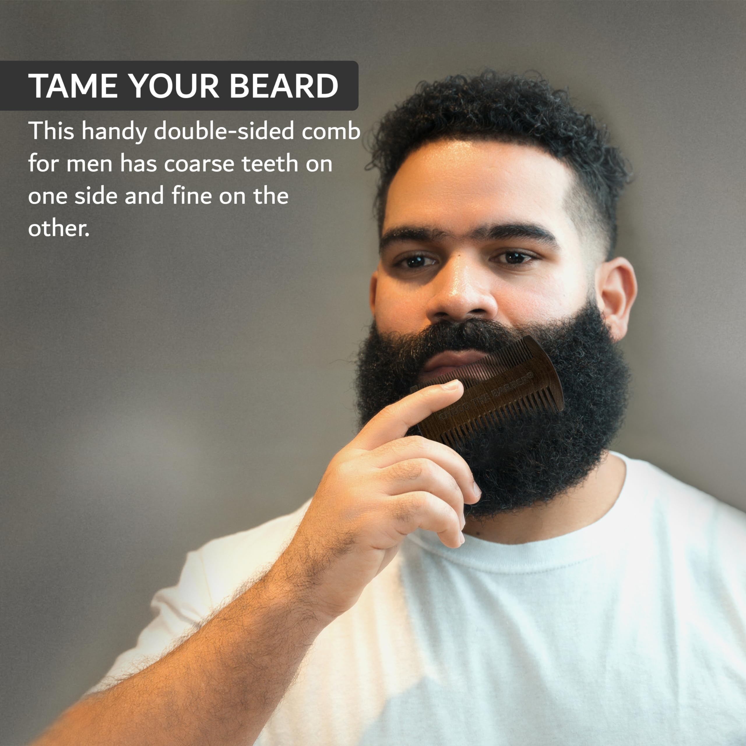Peine para barba para hombre, sándalo natural, peine de dientes finos de doble acción, hecho a mano, madera premium, dientes finos y gruesos, perfecto para bálsamos y aceites 2