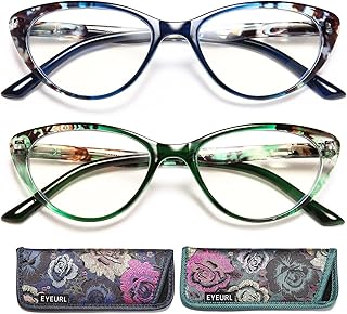 EYEURL Cat Eye Reading Glasses for Women, 2 Pack Blue Light Blocking Readers for Ladies Spring Hinge Fashion Pattern +0.75 Magnification Anti Eyestrain UV Protection