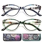 EYEURL Cat Eye Reading Glasses for Women 2 Pack Blue Light Blocking Readers for Ladies Spring Hinge Fashion Pattern +1.50 Anti Eyestrain UV Protection