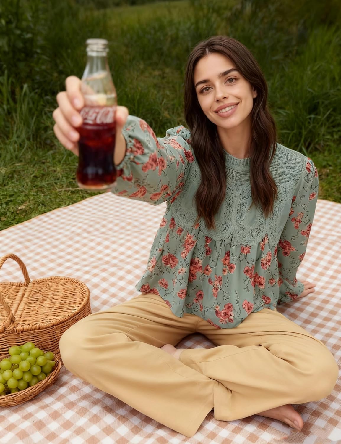 PUWEI Womens Floral Print Lace Blouses Long Sleeve Crew Neck Lace Mesh Poplin Swing Babyboll Tops Loose Elegant Shirts - Image 2