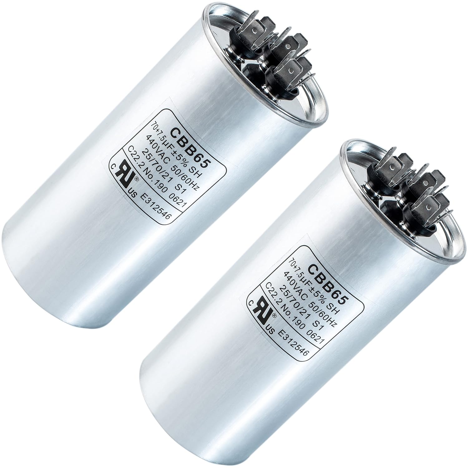 [UL Certified] BlueStars 70/7.5 uF 70+7.5 MFD 370 or 440 Volt VAC Round Dual Run Capacitor - Compatible for Air Conditioner or Heat Pump Condenser - Pack of 2