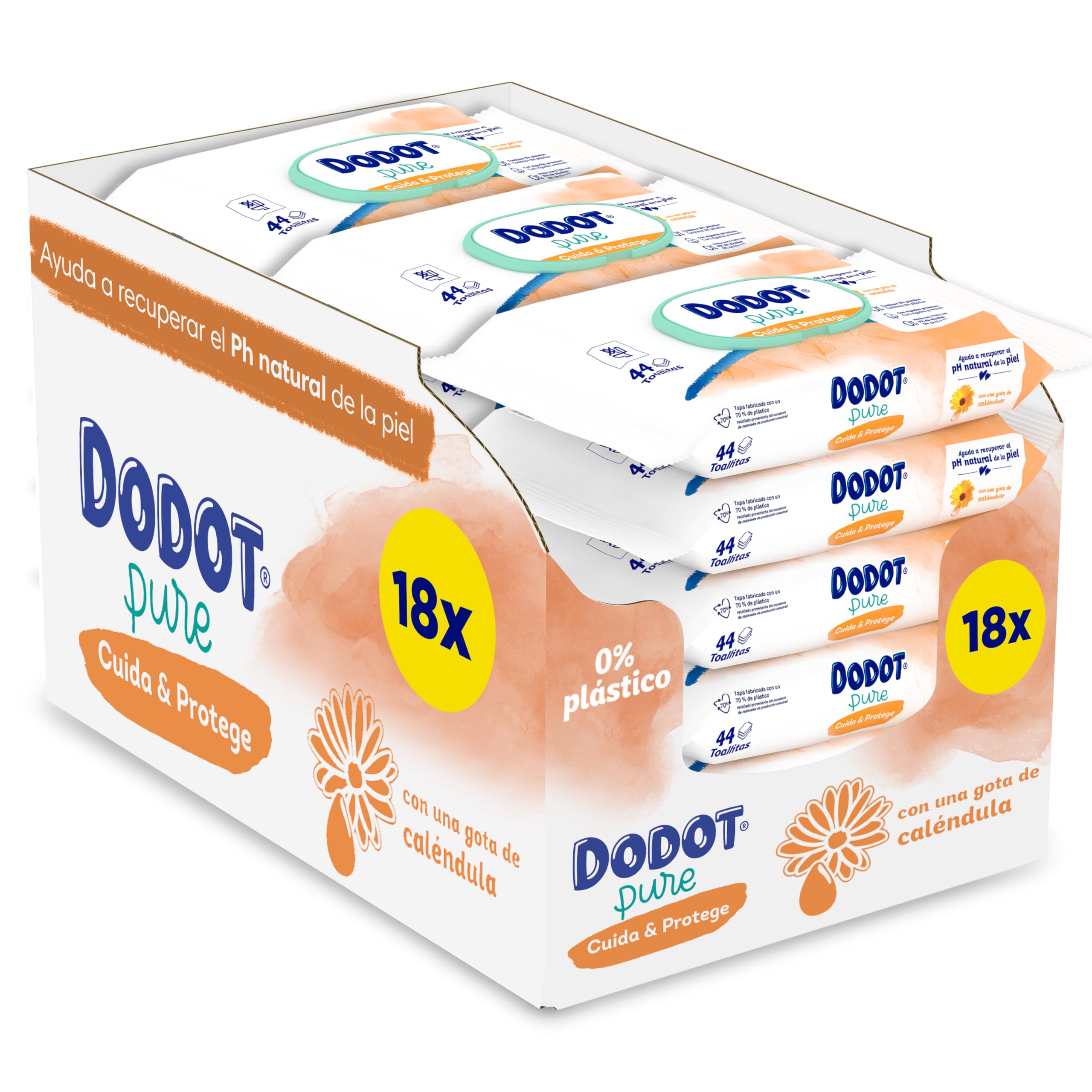 Dodot Toallitas Pure Cuida & Protege Para Bebé 18 Paquetes De 44 Unidades = 792 Toallitas, Ayuda a restaurar el pH natural de la piel, una gota de Caléndula