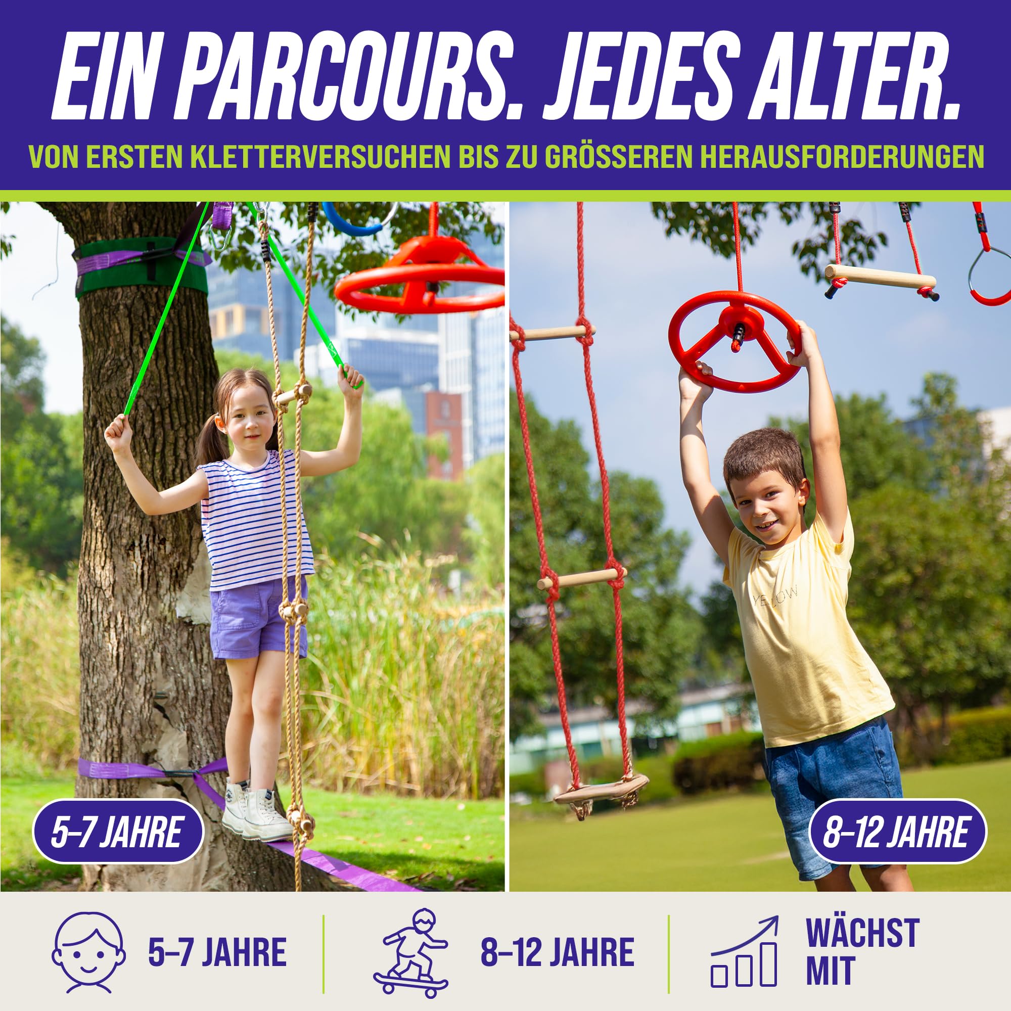 Trailblaze Ninja Warrior Hindernisparcours für Kinder – Fitnessgerät für den Garten mit 2 x 16,8 m Slacklines und 10 wetterfesten Hindernissen – Ninja Parcours für draußen
