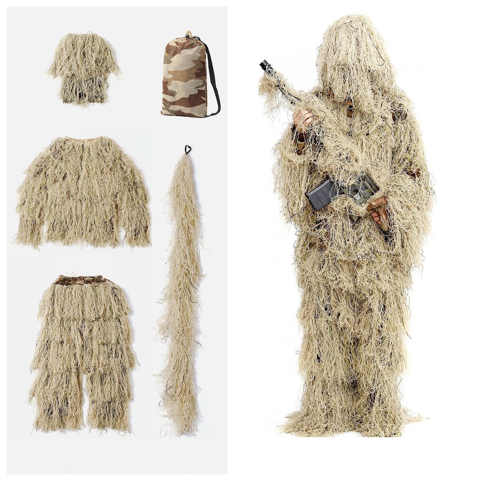 5-Teilige 3D Ghillie Suit Camouflage Jagdbekleidung Tarnanzug Herren Einschließlich Jacke,Hose,Kapuze,Tragetasche Jäger Kostüm für Paintball, Halloween-Kostüm,DryGrass-Adults