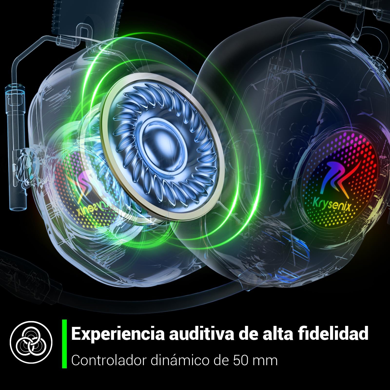 Krysenix KGH2 Cascos Gaming Inalámbricos, 2.4 GHz Auriculares Gaming para PS4, PS5, PC, Mac, Switch, Auriculares Bluetooth con Micrófono, Cancelación de Ruido, Luz LED y Duración 40Hr+, Negro