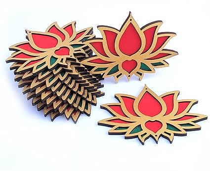 StepsToDo Bright Red Lotus Flower Cutouts. Set of 12 Golden, Bright Red and Green Wooden Lotus. DIY Rangoli Kit. Decoration for Diwali, Dashera, Rangoli, Pooja, Wedding, Festival. (12)