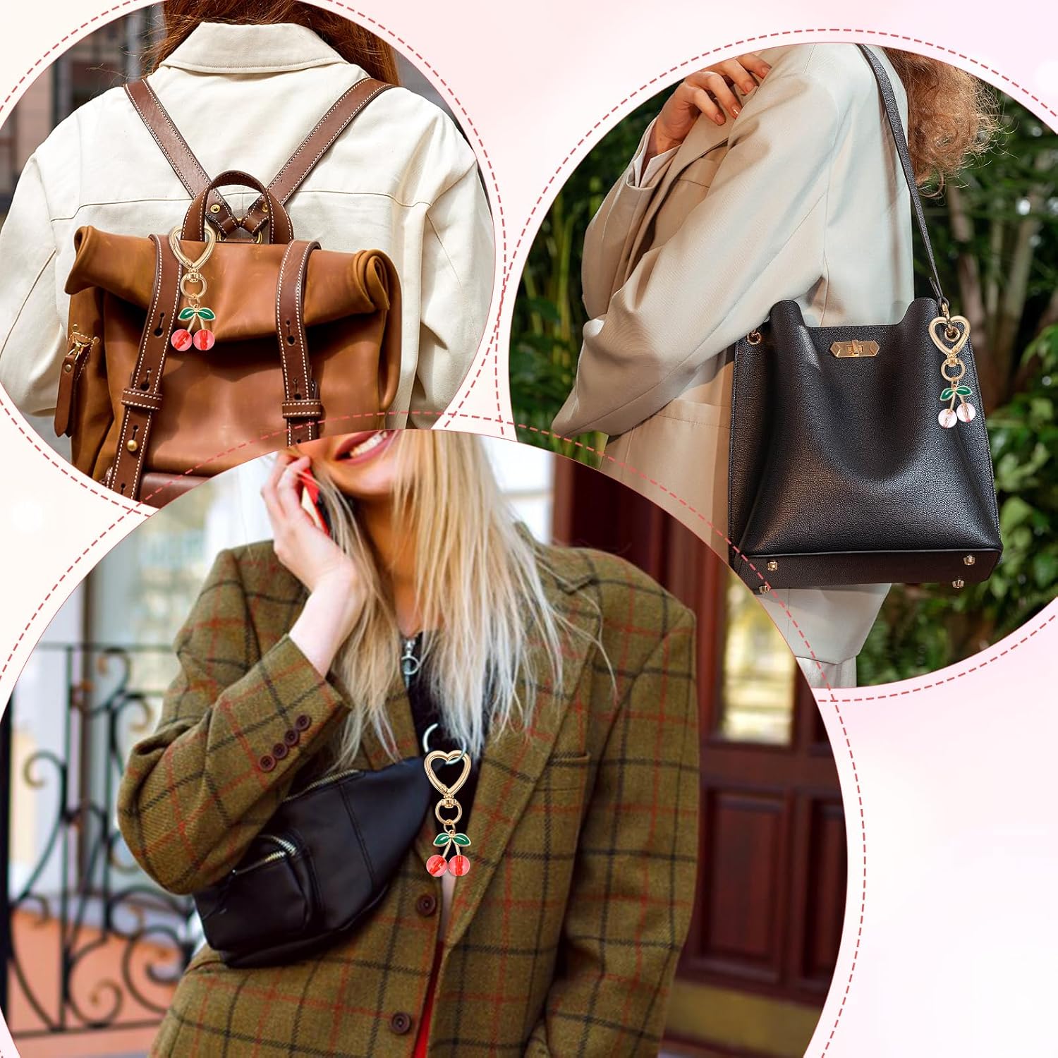 Teaaha Cherry Bag Charms Red and Pink Heart Purse Charm Cherries Keychain Women Cute Key Chains Car Keyrings Leather Handbags Fashion Enthusiasts Gift Mother's Day Birthday Valentine's Accessory - Image 6