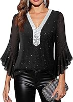 Timeson Women's Sparkly Sequin V-Neck Blouse Ruffle 3/4 Sleeve Tops - Dressy Fall Shirts for Parties Holidays