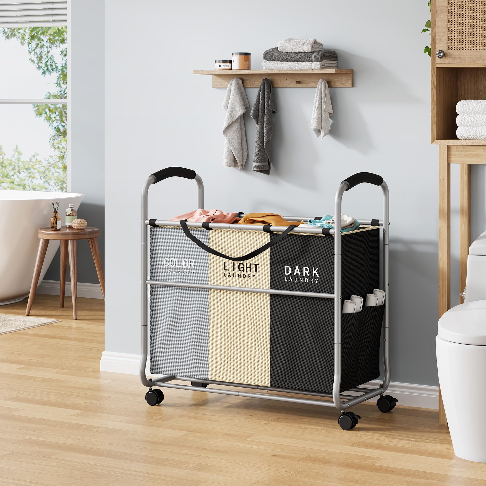 Tajsoon Panier à linge à 3 sections, avec roues robustes verrouillables et poches amovibles, panier à linge séparé pour ranger les vêtements, gris + beige + noir