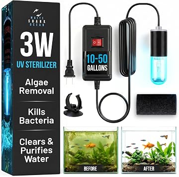 Aquarium UV-C Light 3W Submersible UV Clarifier for Freshwater & Saltwater Tanks, Sumps & Hydroponics Clears Green Water Fast 9.8 ft Power Cord Pre-Filter Sponge & Suction Cup Included
