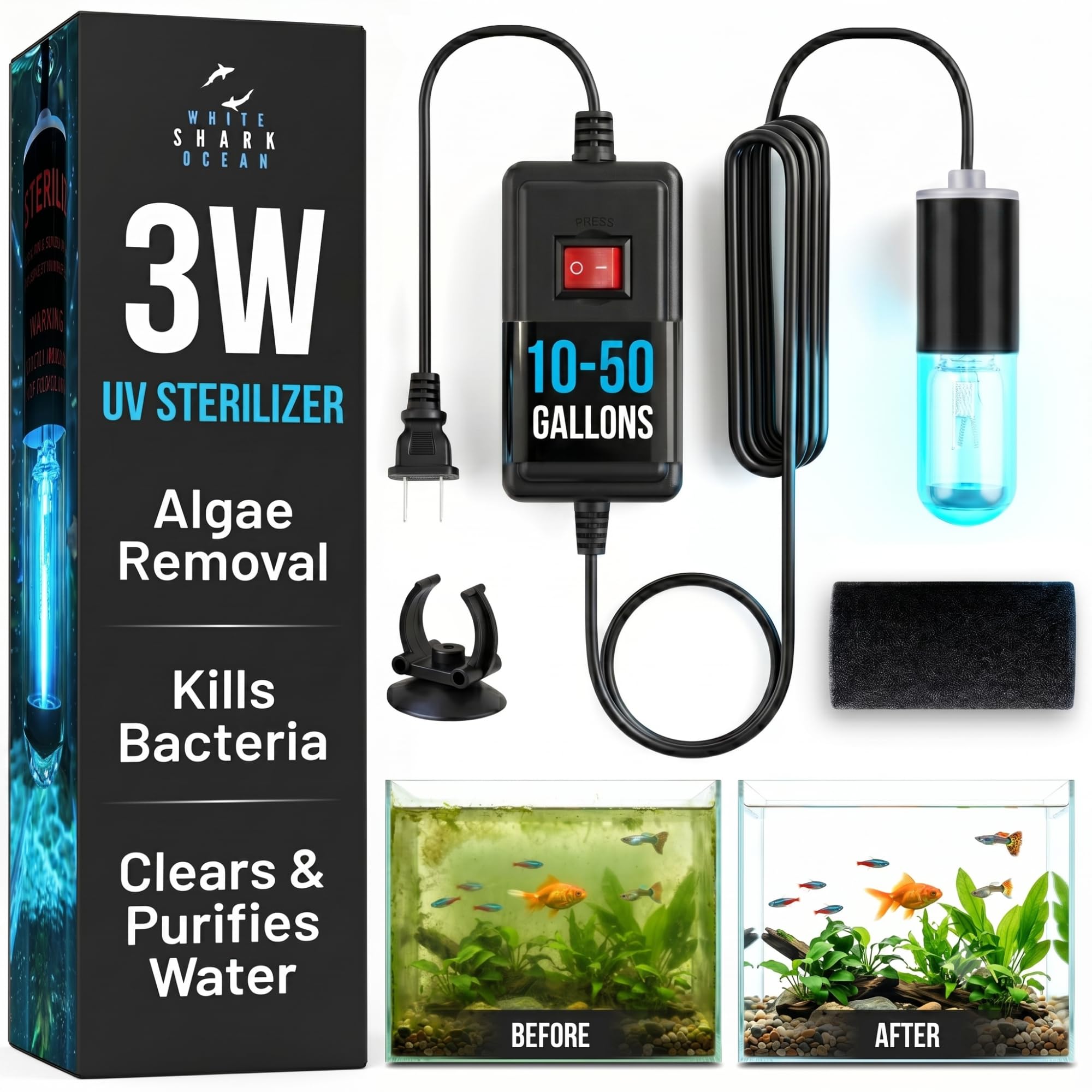 Aquarium UV-C Light 3W – Submersible UV Clarifier for Freshwater &amp; Saltwater Tanks, Sumps &amp; Hydroponics – Clears Green Water Fast – 9.8 ft Power Cord – Pre-Filter Sponge &amp; Suction Cup Included