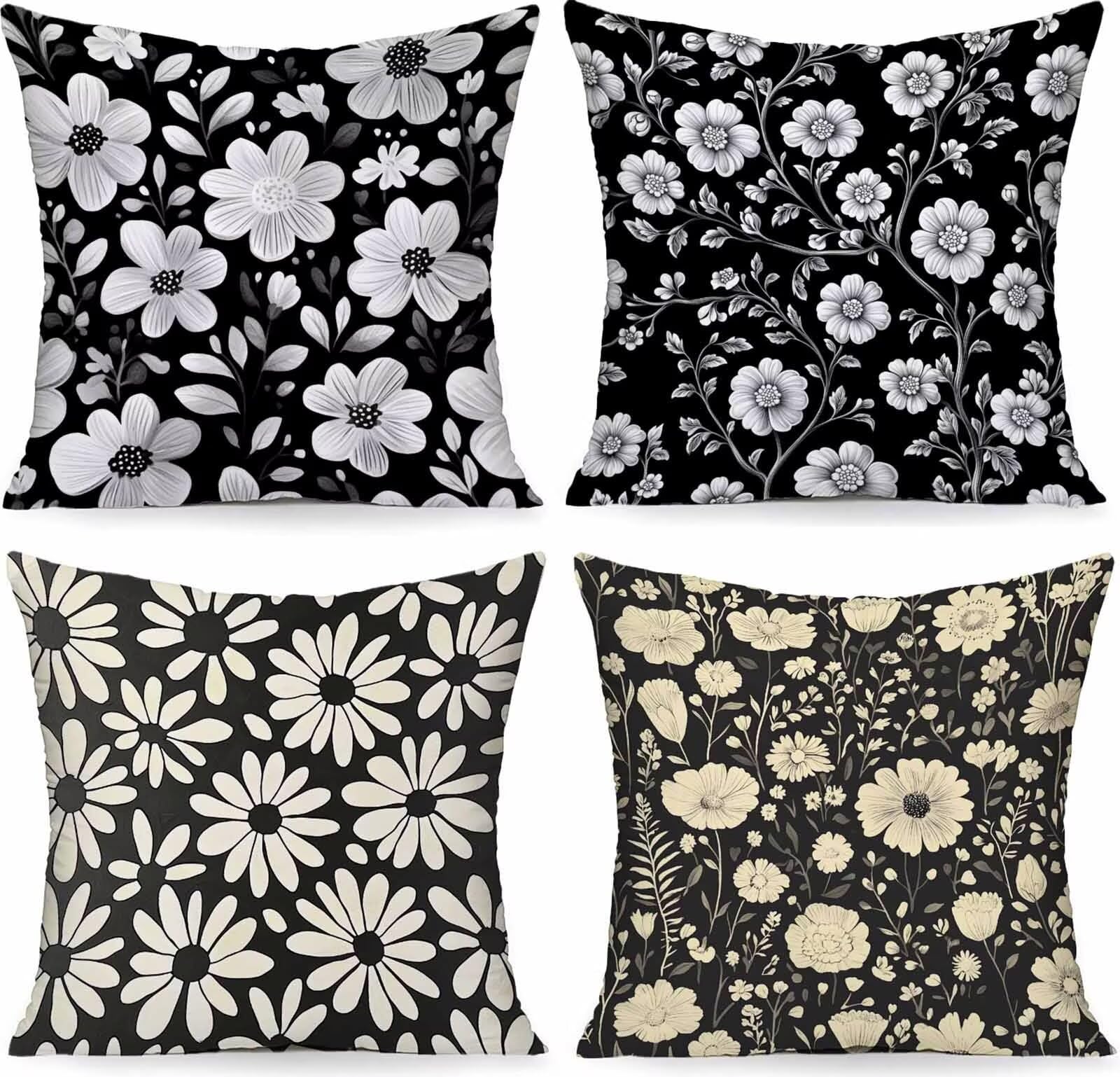 Flower Federe cuscini divano 65X65cm Set di 4 Nero Cuscini per divano Lino Quadrate cuscini esterno impermeabili Motivo Stampa HD Bifacciale Design per Sedia Case Balcone Giardino Decor PjY450 6-0