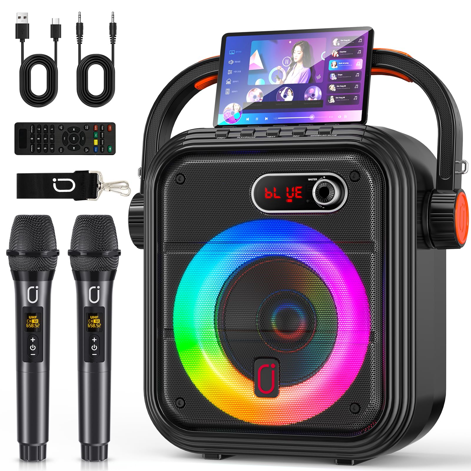 JYX Machine Karaoke avec 2 Microphones sans Fil, 90W Enceinte Karaoke Complet avec Lumières de fête, Portable Système Karaoké Support TWS/AUX/FM/USB/TF Carte