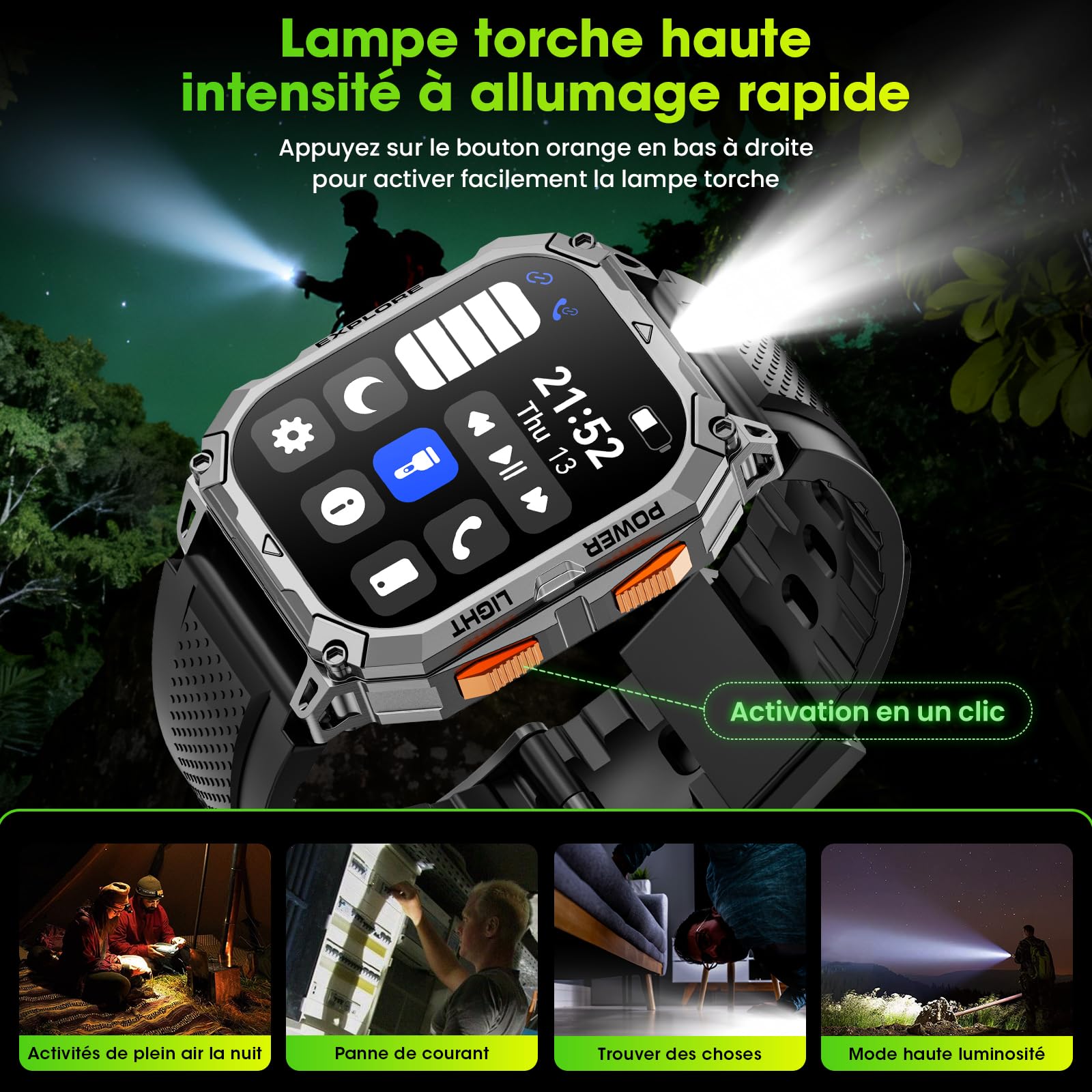 Montre Connectée Homme 2,01" HD Écran Smartwatch, 1000 mAh Batterie et 120+ Modes Sportifs, Montre Connectée Militaire avec Fréquence Cardiaque/Sommeil Moniteur et Lampe De Poche pour Android iOS