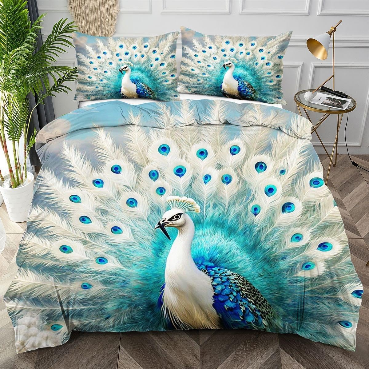Housse de couette 200x200 paon bleu pour chambre ado et adulte parure de lit moderne et chaleureuse