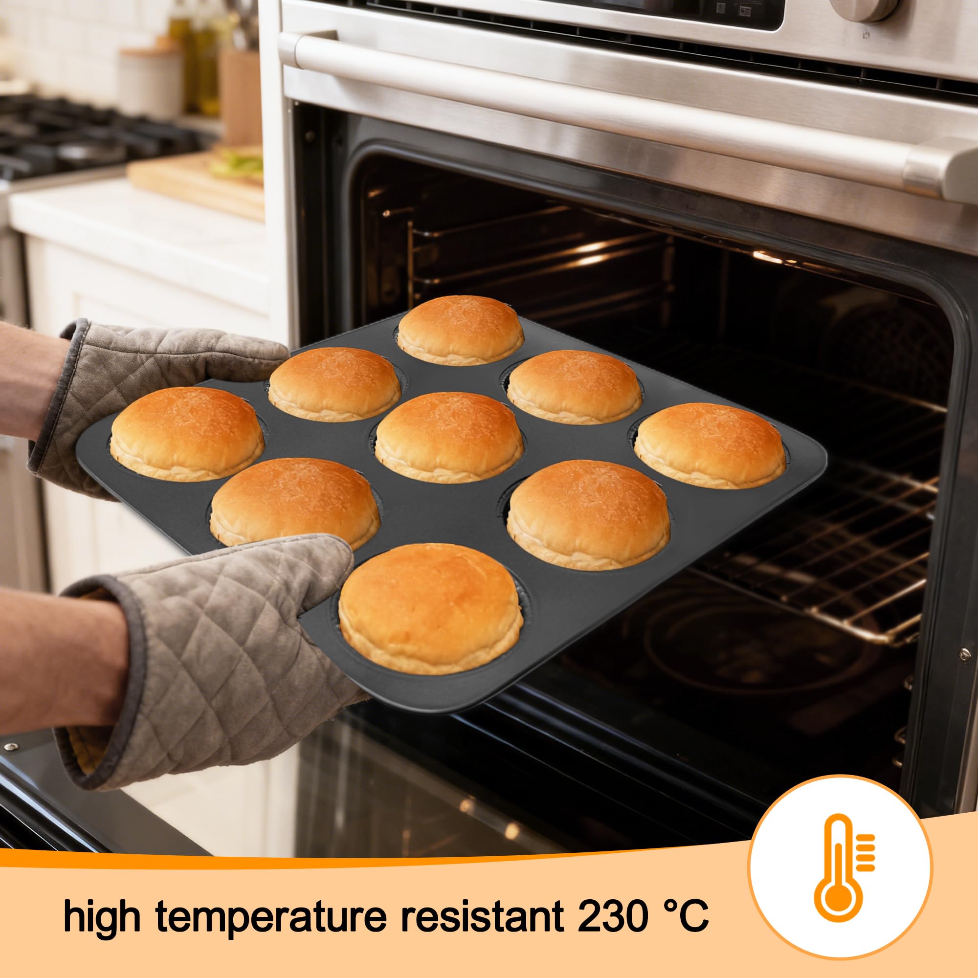 Molde para hornear hamburguesas de 9 cavidades, bandeja antiadherente de acero al carbono con agujeros de ventilación para bollos, magdalenas y pasteles caseros