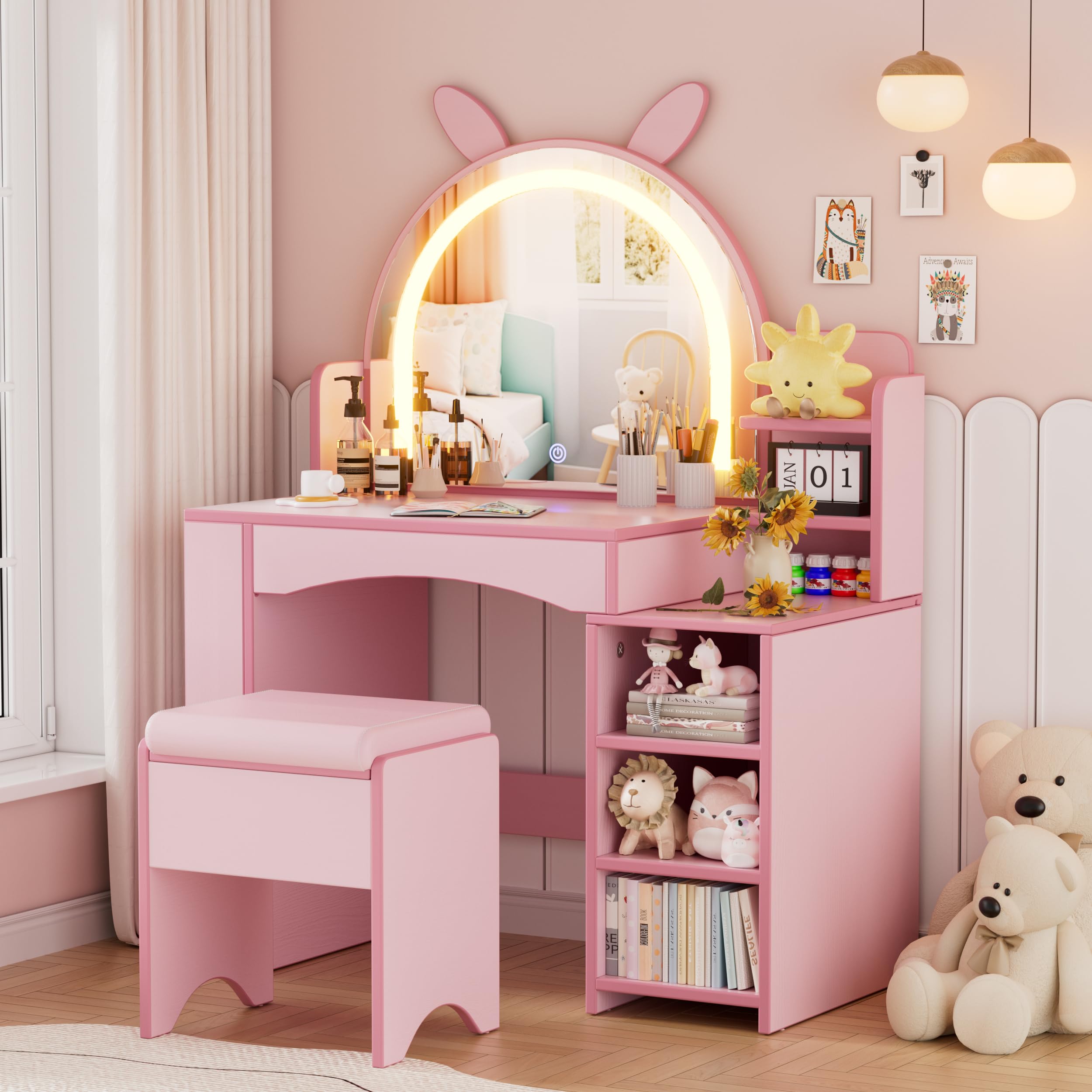 MSFE Mesa de Maquillaje con Espejo y luz LED para Niñas 3 en 1 Tocador Infantil de Madera Tocador de Mesa y Taburete de Princesa con Estante Abierto Centro de Belleza Tocador para niñas 8 años+, Rosa