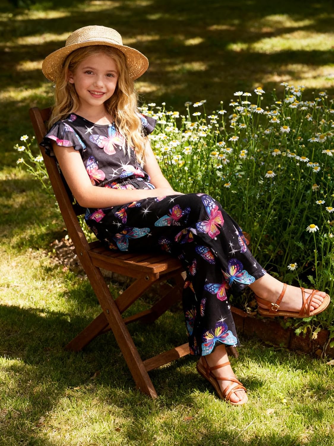 Haloumoning Girls Floral Jumpsuit Kids Fashion Ruffle Cap Sleeve Wide Leg Romper One Piece Outfits with Pockets - Image 5