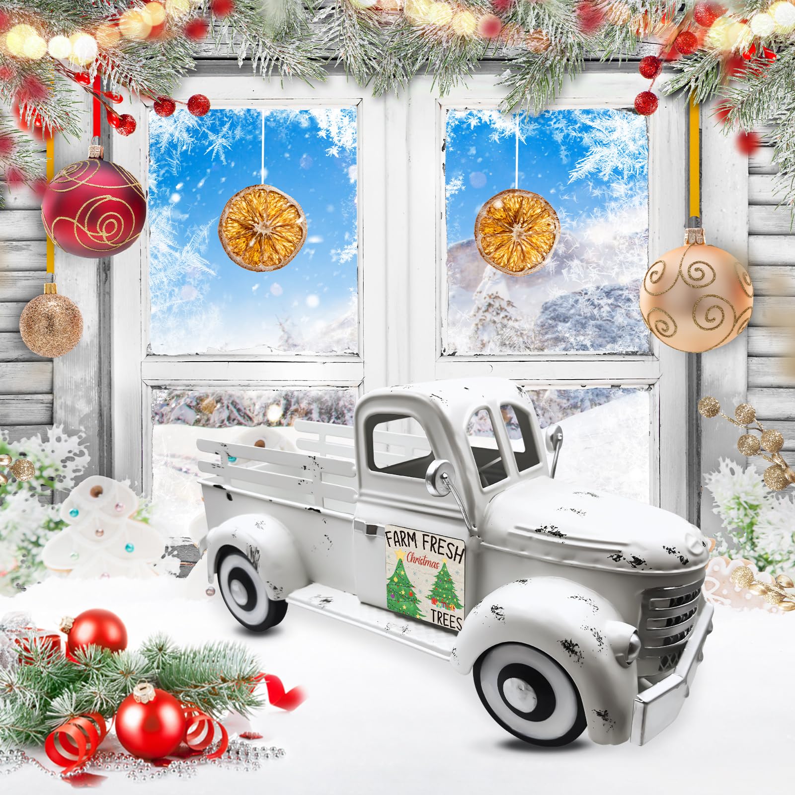 Macetero de 34cm para Coche, Camión de Metal Decorativo con 20 Imanes de Temporada para Casa, Decoración Centro de Mesa Versátil para Jardín, Balcón, Cocina, Adornos Salon, Escaparate o Terraza