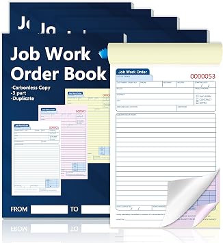 300 Sets Job Work Order Form Book 3 Part Carbonless Work Order Invoice Book 5.5 x 8.3 inch Job Order Forms with Numbers and Tear Off Top with Hard Backing for Business Service 6