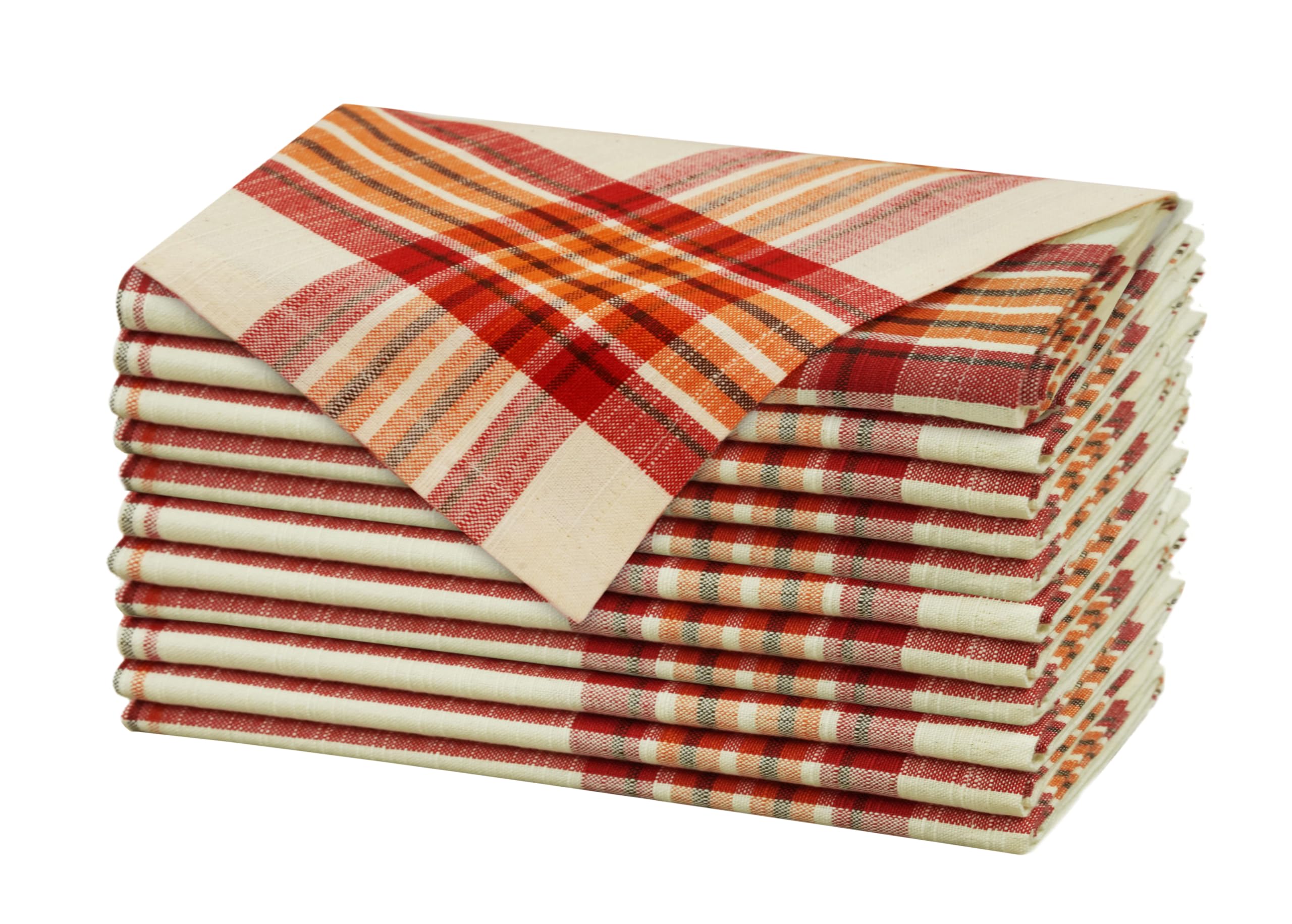 Cotton Craft Ivory Rust Harvest Thanksgiving Plaid Napkins - Set Of 12 Cotton Cloth Napkins - Durable Washable Reusable - 17X17
