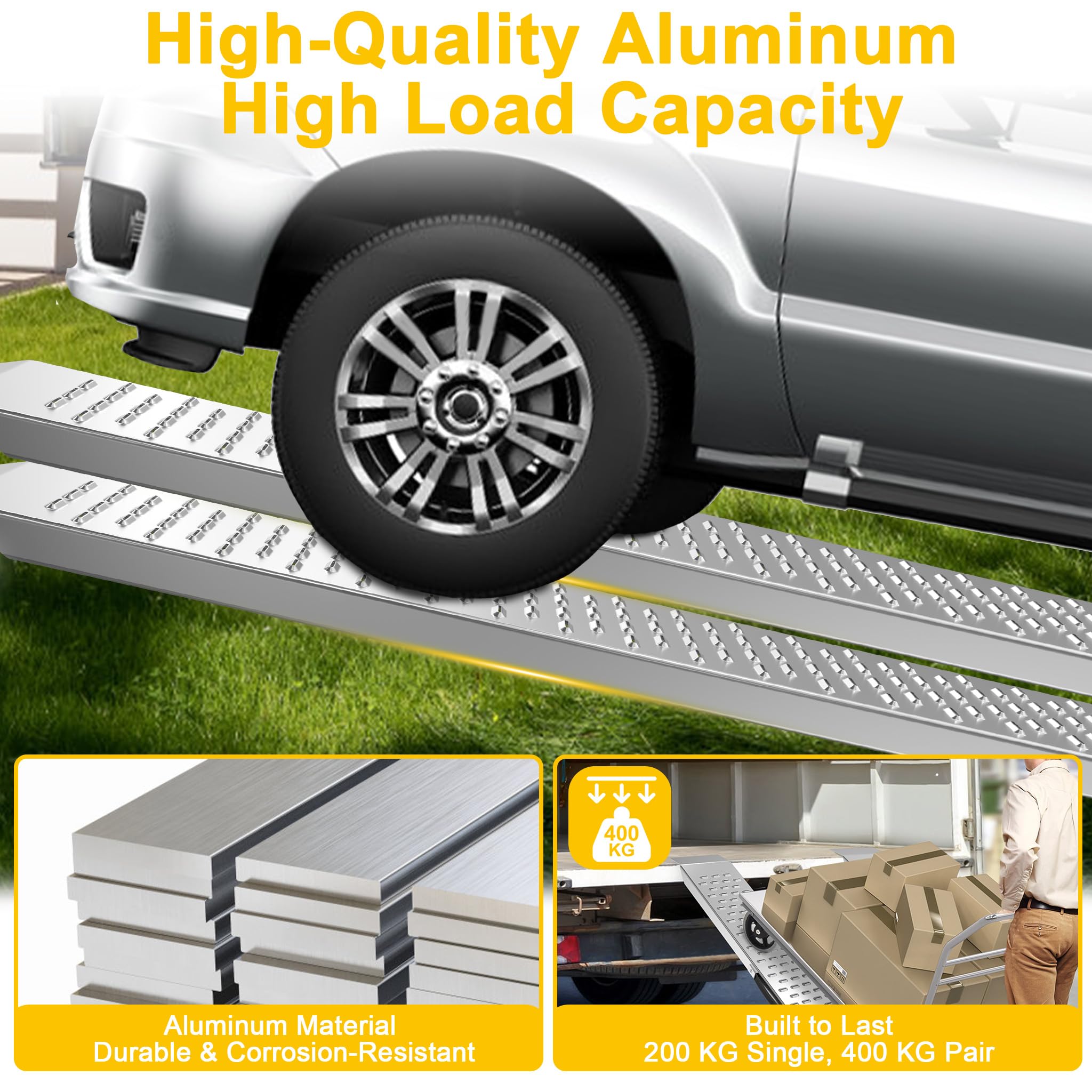 FIVMEN 2 rampas de carga para coches, 135 cm, 400 kg, capacidad de carga de aleación de aluminio, rampa para silla de ruedas, rampa de carga con superficie antideslizante y asa, rampa para escaleras