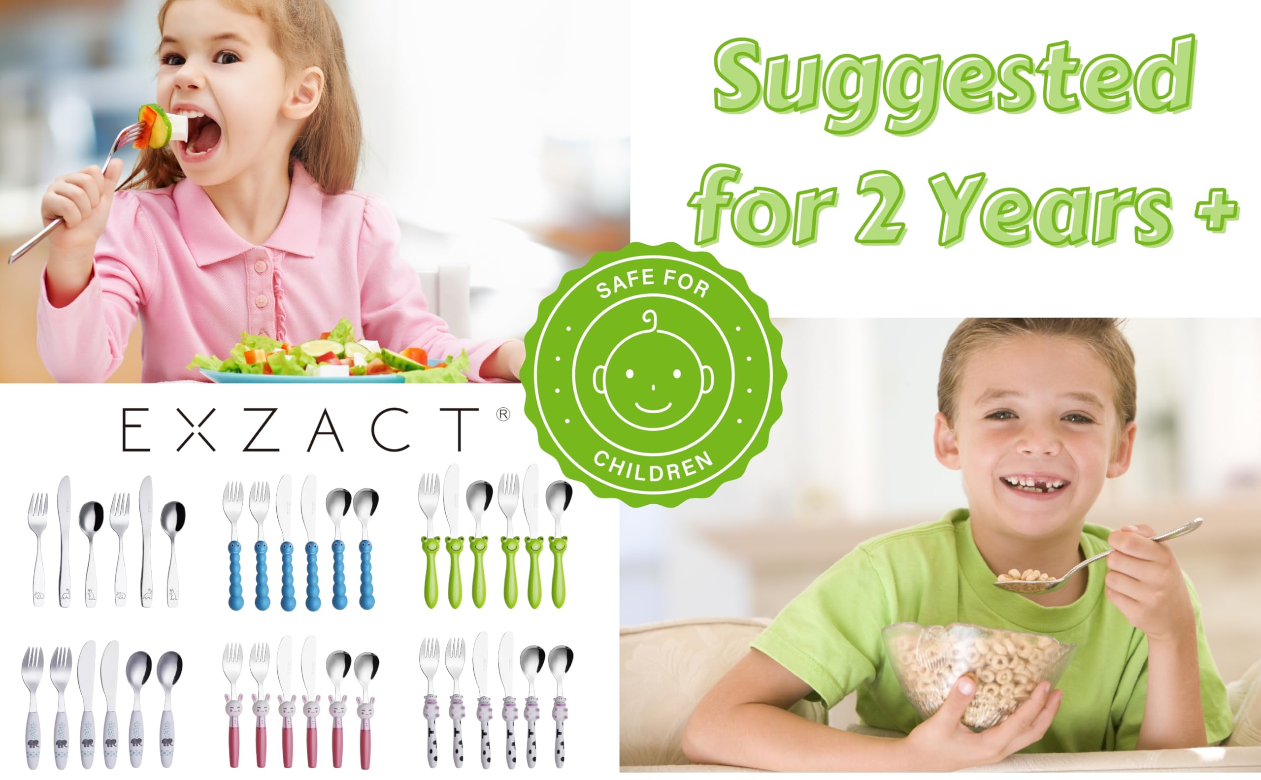 Couverts Enfant 6 Pièces Exzact - 2 Fourchettes, 2 Couteaux, 2 Cuillères Inox Éléphant - Ergonomiques Et Sûrs