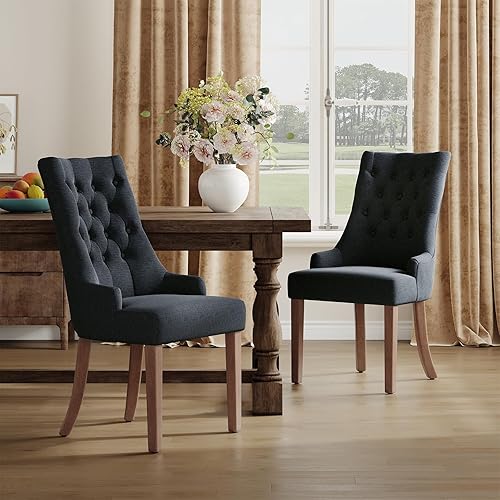 Miniatura 16 de COLAMY Juego de 2 sillas de comedor con botón copetudo, sillas de comedor tapizadas con patas de madera, sillas de cocina con respaldo alado para