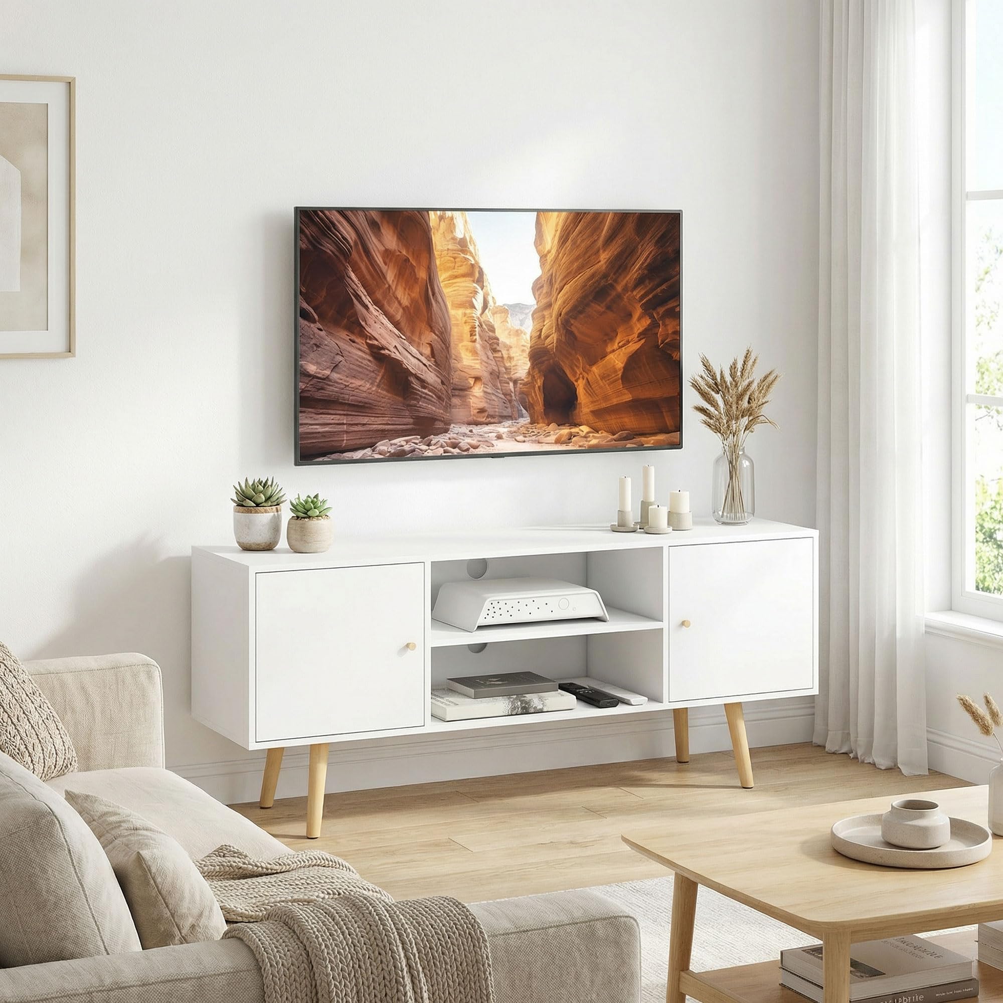 HOMCOM Meuble TV 120 cm, Meuble télé pour téléviseur jusqu'à 55 Pouces avec 2 placards et 2 étagères Ouvertes, Banc TV Moderne pour Salon, Chambre à Coucher, Blanc