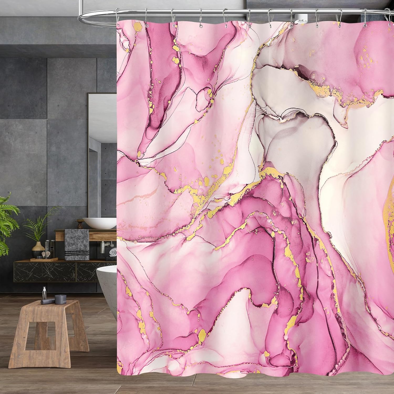 4PCS Pink Gold Marble Bathroom Sets with Shower Curtain and Rugs, Hot Pink Shower Curtain Sets with Rugs, Modern Bathroom Curtains Shower Set with Toilet Lid Cover