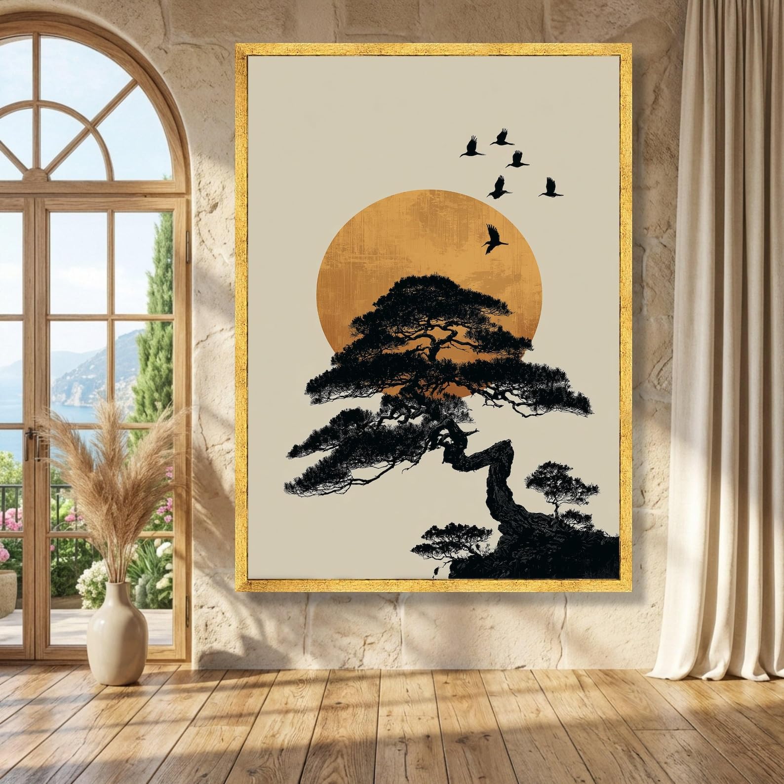 Lmycheng Frameless Bonsai Tree Silhouette Canvas Prints, Flying Birds Oil Painting, Japanese Sunset Wall Art, Minimalist Bedroom Decor(50X70cm/Frameless)