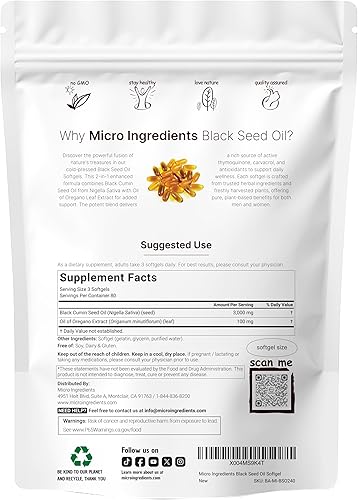 Miniatura 2 de Micro Ingredients Cápsulas blandas de aceite de semilla negra, 3,000 mg, 240 unidades | Fórmula 2 en 1 con aceite de orégano, carvacrol y