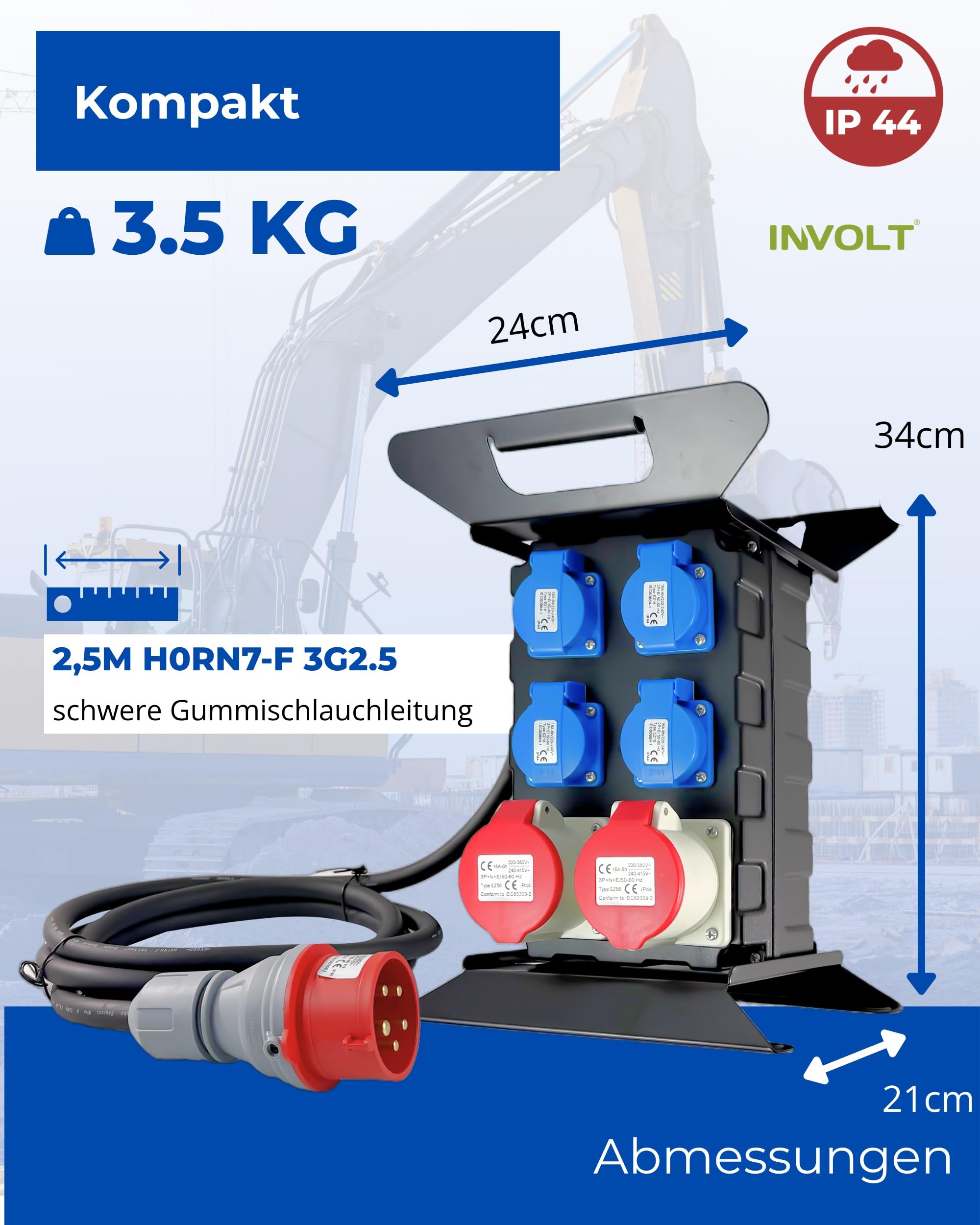 INVOLT Distribuzione dell'alimentazione corrente industriale CEE, 16 A / 400V – 230V Distributore di prese (4x Schuko + 2x CEE 16A + fusibile)