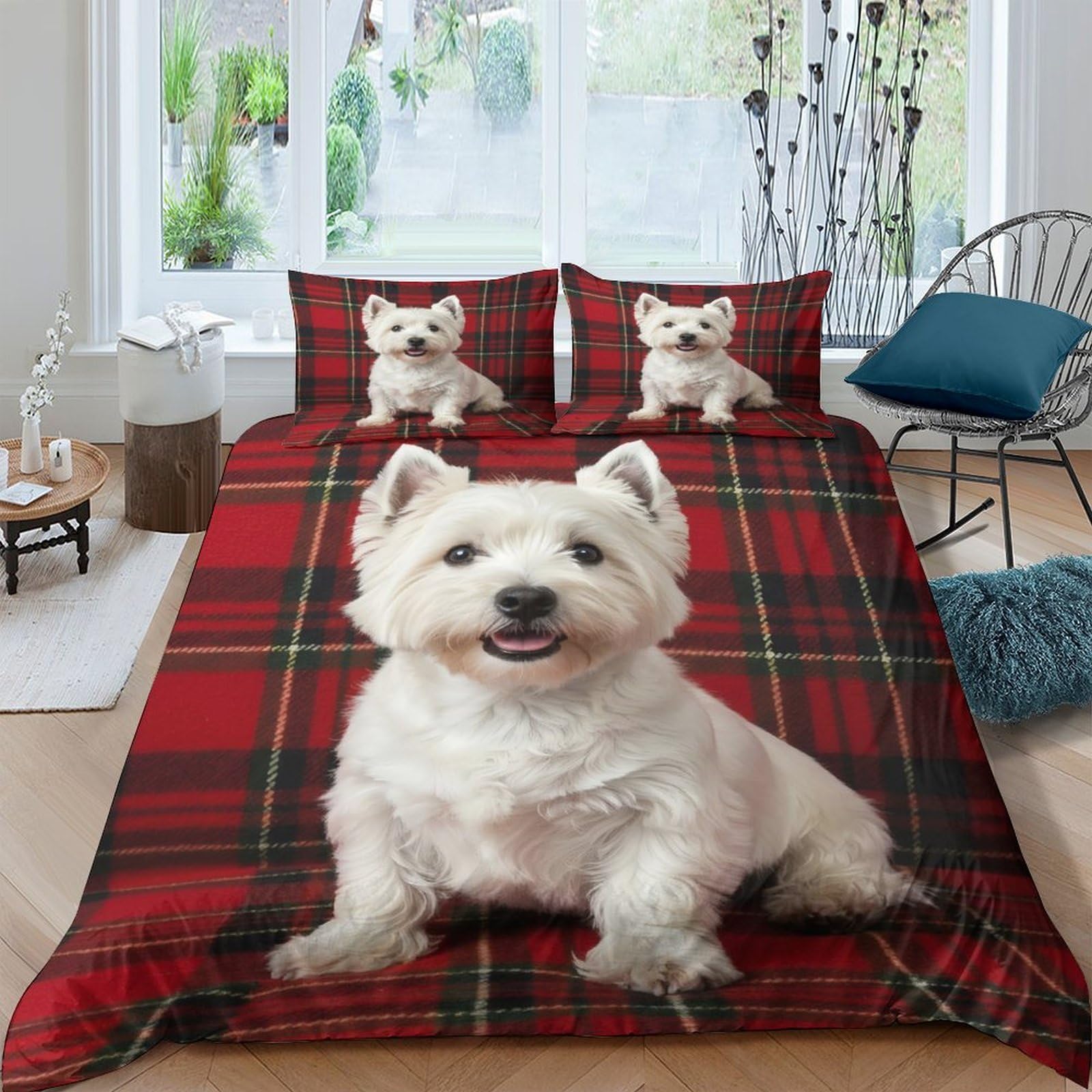 Ctjqhvkz Style-3 3D Printed Tartan Westie Dog Fitted Sheet Microfiber Soft Red Plaid Puppy Bed Cover For Bedroom Guest Room Mattress Decor Single（135X200cm）