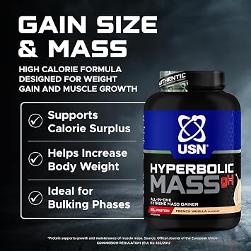 USN Hyperbolic Mass gH: All-in-One Mass Gainer Protein Powder for Fast Effective Weight and Muscle Gain Pre- and Post-Workout Weight Gainer Complex Vanilla 6 kg