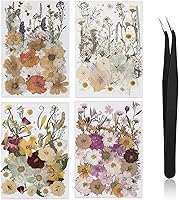 Nuanchu 200 Pressed Dried Flowers Bulk for Resin Crafts, Nail Art, Bookmarks, Scrapbooking - Retro Style with Tweezers, Natural White Orange