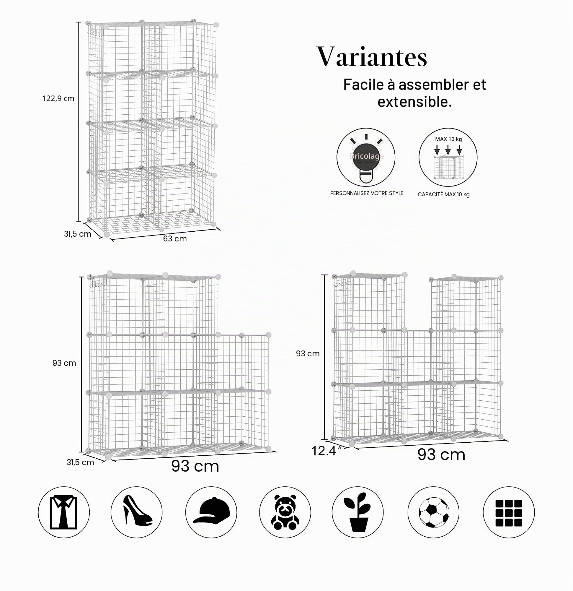 C&AHOME Cube de Rangement en Fil métallique, Organiseur à 8 Cubes, grilles en C en métal, bacs de Rangement, étagères modulaires, Placard de Bricolage, Le Bureau, 24,8" L x 12,4" l x 48,4" H, Blanc