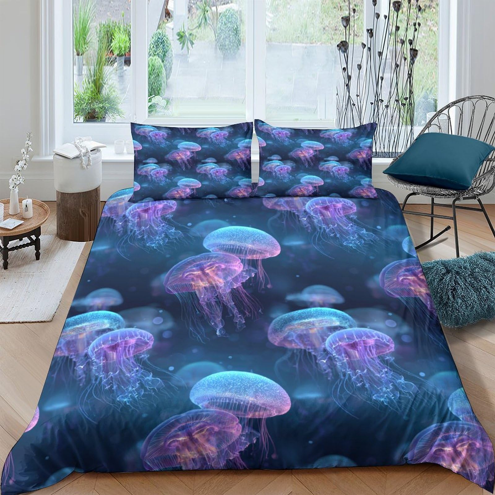 TUFRTGYHN 3D Printed Jellyfish Duvet Cover Set Microfiber Breathable Ocean Night Bedding Set with 2 Pillowcases for Bedroom Single（135x200cm）