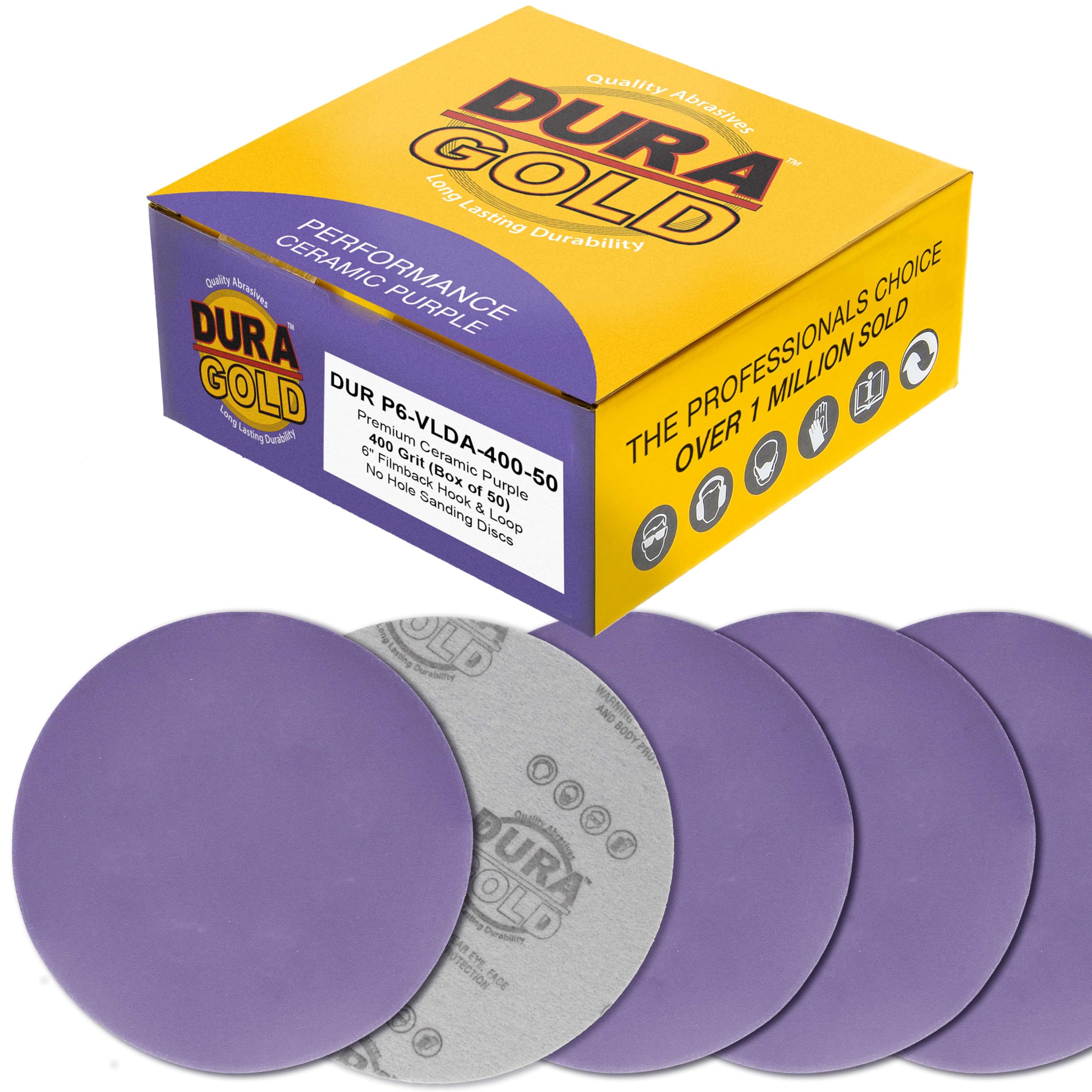 Dura-Gold Premium 400 Grit 6" Purple Film Ceramic Sanding Discs, Box of 50 - Hook & Loop Backing Sandpaper for DA & Random Orbital Sanders - Fast