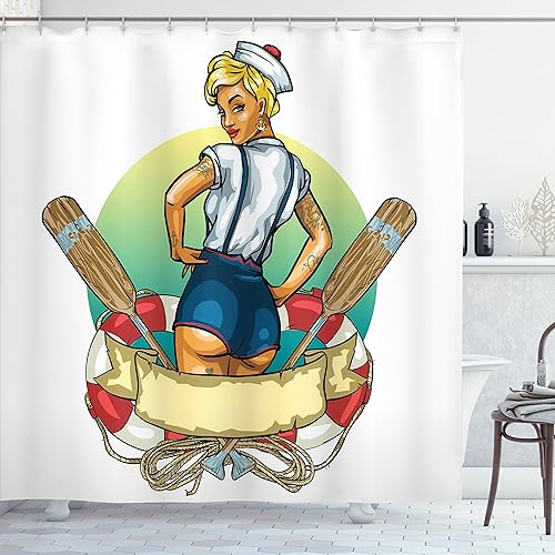 Miniatura 69 de Ambesonne Cortina de ducha amarilla, inspirada en pícnic, temática de los años 50, 60 y 70, estampado de lunares retro, juego de decoración de baño