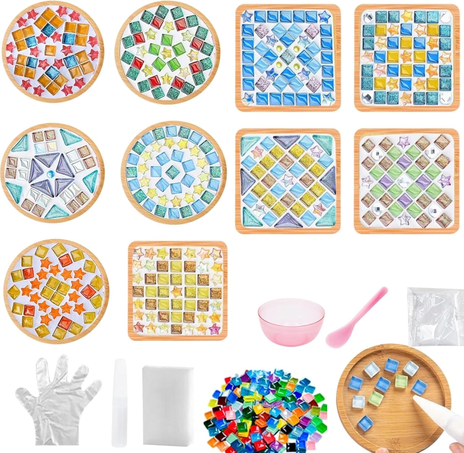kuchisity 10 Set DIY Glass Mosaic Tiles for Crafts, Mixed Color Mosaic Kits with Wooden Coasters for Adults Bamboo Coaster for Creative Handmade Drinks Home Decoration