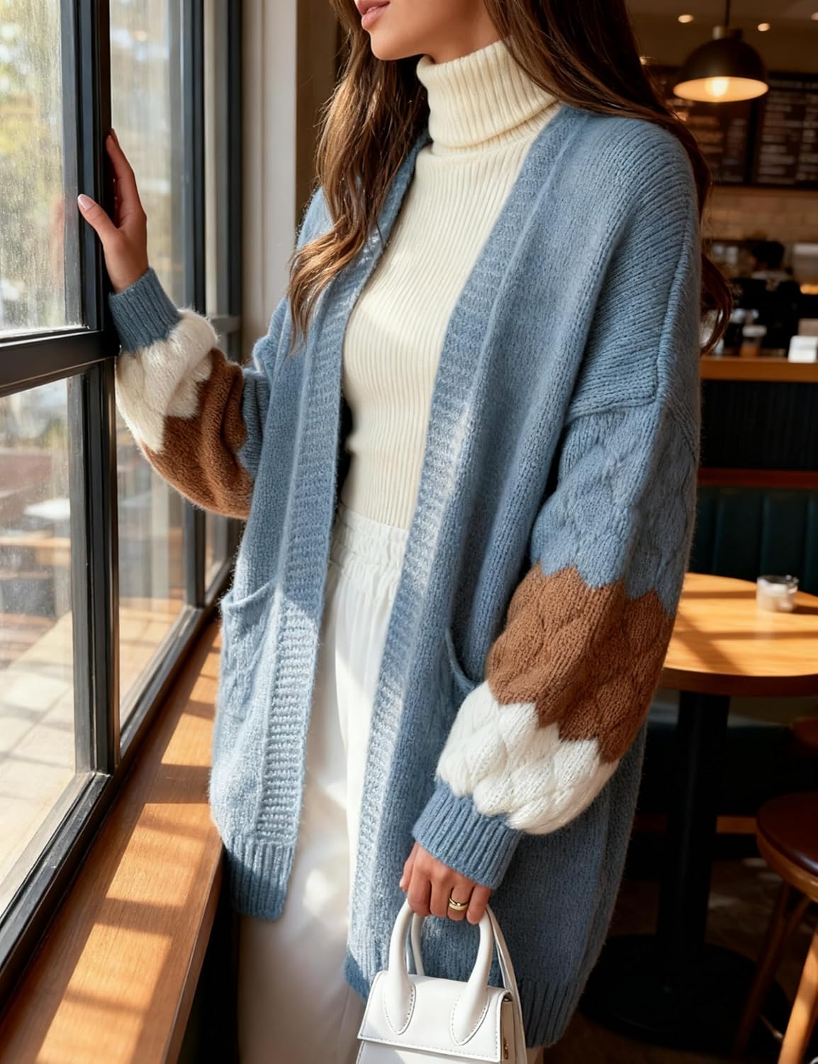 Yidarer Women Oversized Knit Cardigan Open Front Color Block Sweater Casual Fall Outfits with Pockets - Image 6