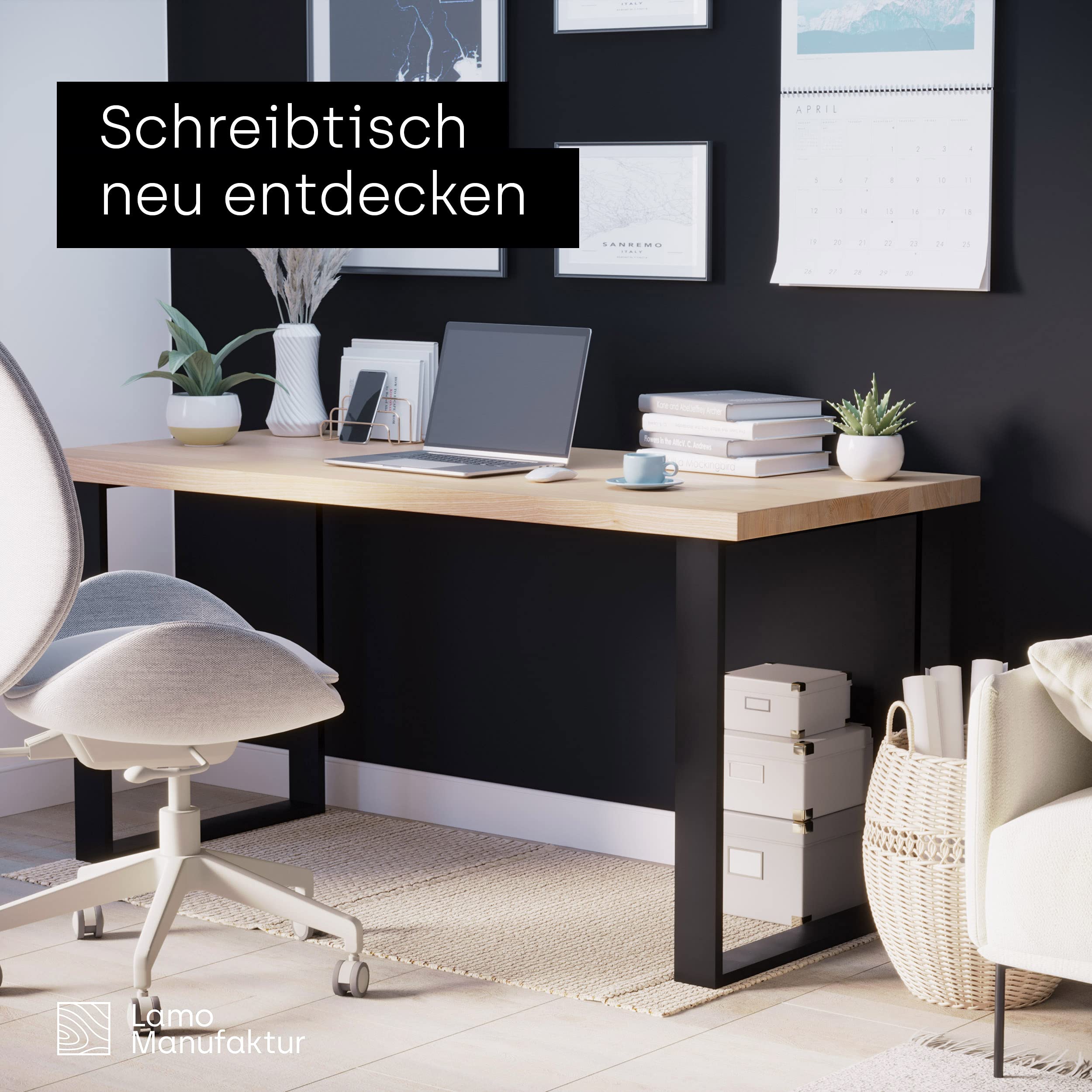 LAMO Manufaktur Tischbeine für Schreibtisch Esstisch, Simple Massive, Vierkantprofil 80x20 mm, Tischgestell 50x72 cm (BxH), Schwarz, 2 Stück, LTS-01-C-II-9005