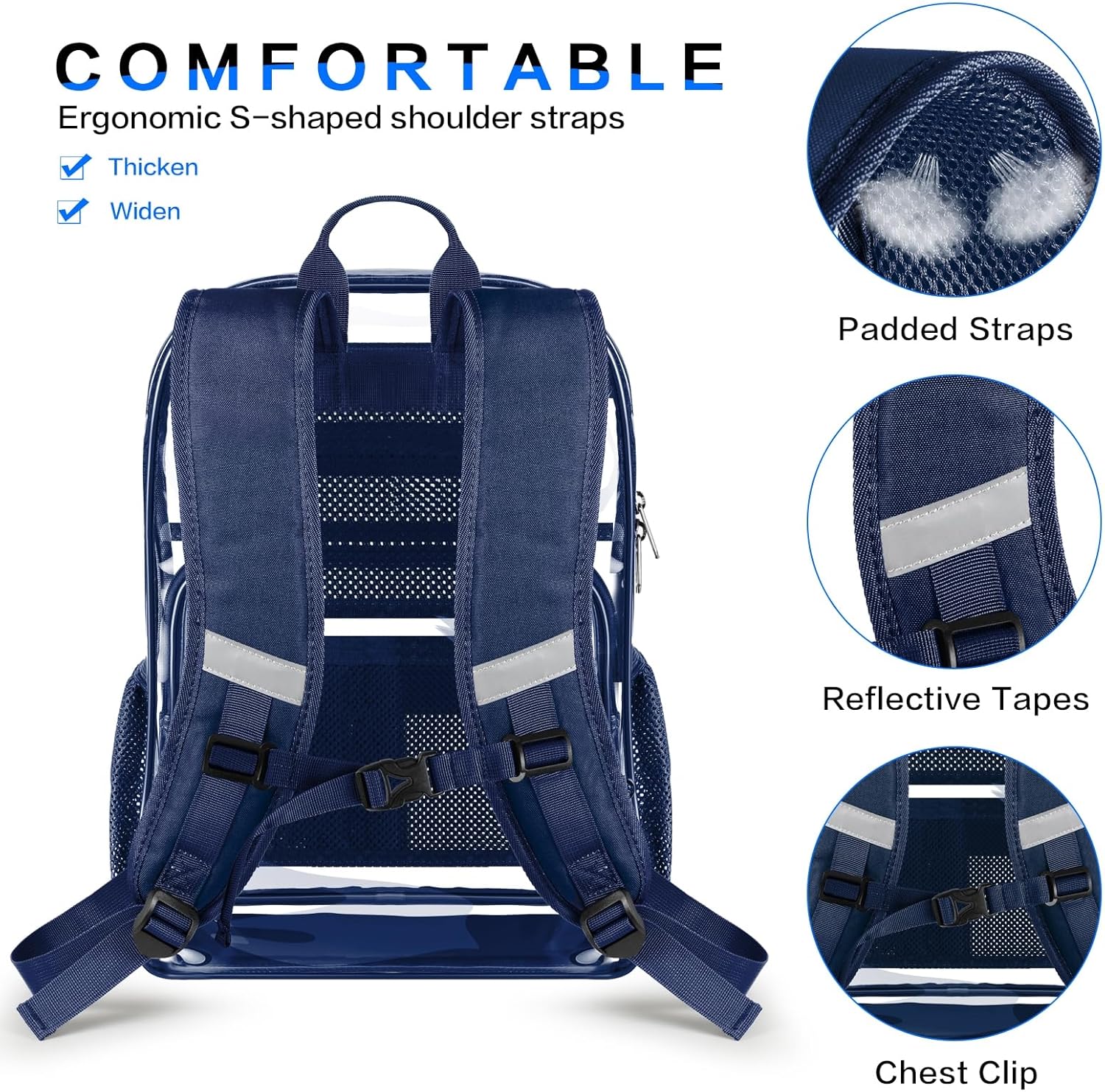 Clear Backpack, Heavy Duty Transparent Backpack with Reinforced Bottom See Through Bag for College, Travel, Workplace Security - Navy - Image 4
